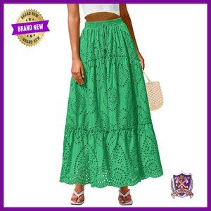 Lace Embroidery Tiered Maxi Skirt High Waist Flowy Summer Beach
